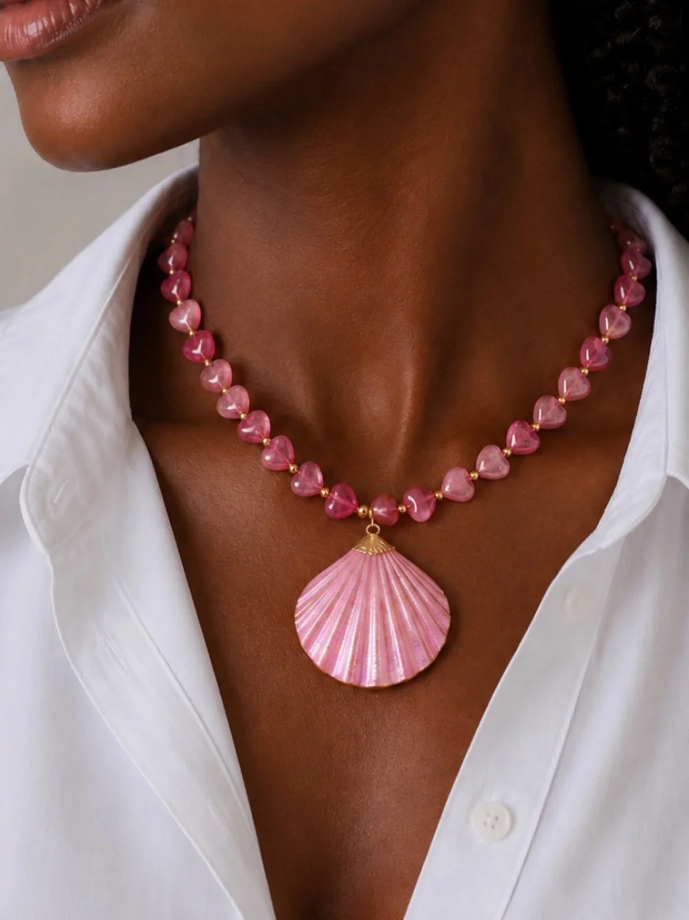 New! Coastal Colorful Pink Beaded Shell Dopamine Necklace NWOT
